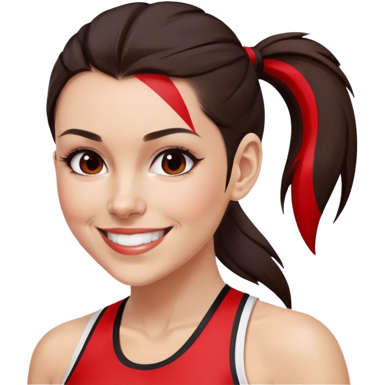 Melanie chisholm with a dark brown high ponytail with a red streak through it, wearing athletic attire and smiling emoji