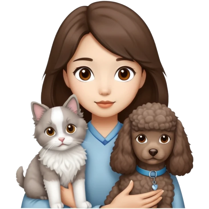 Asian girl brown hair girl with brown eyes with a grey and white ragdoll cat and a brown poodle dog  emoji