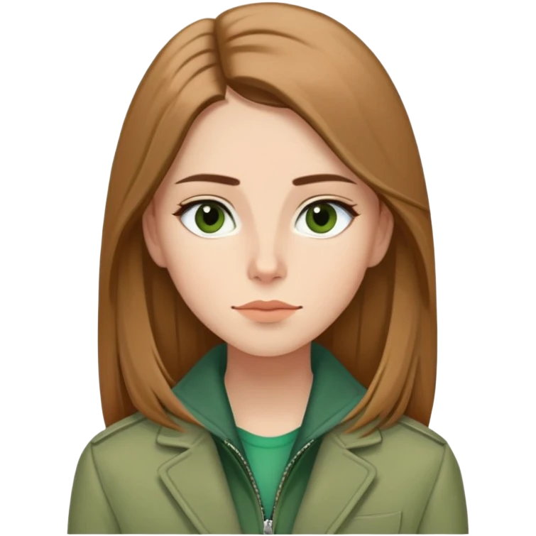 Caucasian girl with elongated face, soft jawline, long straight light brown hair with middle part, almond-shaped brown eyes with black eyeliner, thoughtful expression with slight smile, wearing green jacket emoji