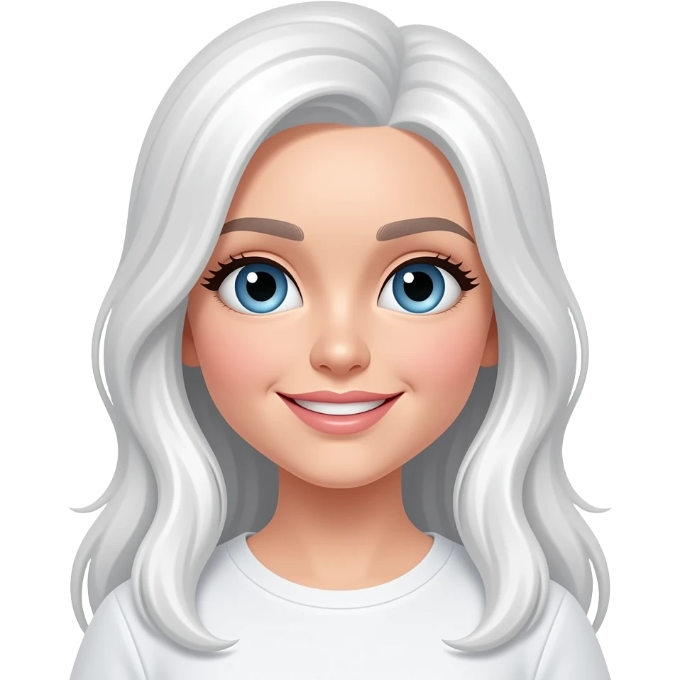 Happy girl, with long white hair, blue eyes, emoji