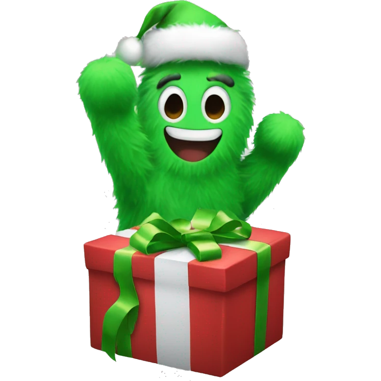 A green furry hand holding a Christmas gift  emoji