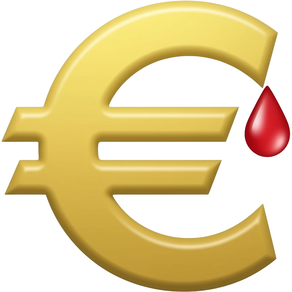 flat icon of a euro symbol with a small red drip, simple geometric shape, single color + red accent, no details, no gradients, no background, centered, fills canvas, emoji style emoji