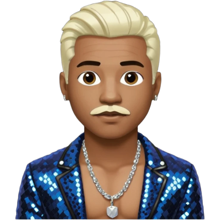 Sisqó with platinum blonde hair, black sequin jacket, shirtless with necklace, dark skin, dark brown thin mustache emoji