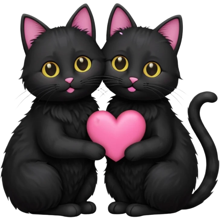 cute two black cats love, pink heart emoji