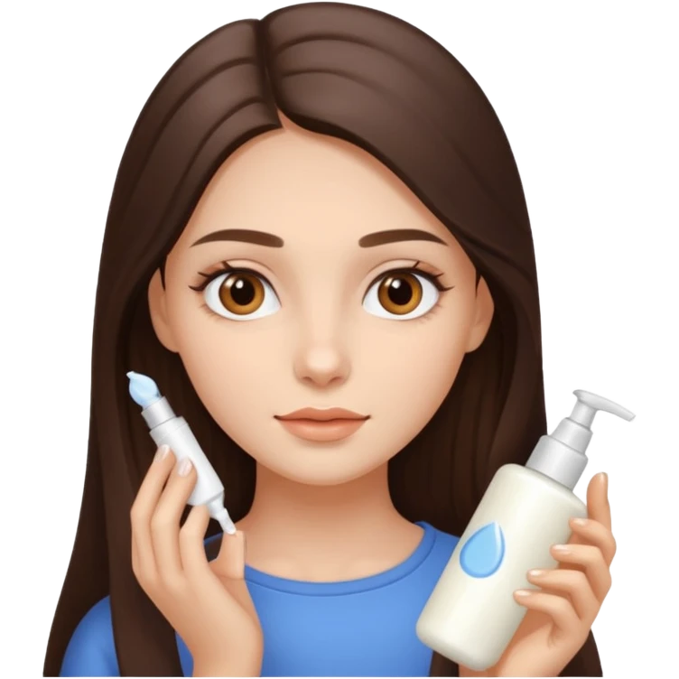 brunette girl with beautiful brown eyes and long hair, applying cream emoji