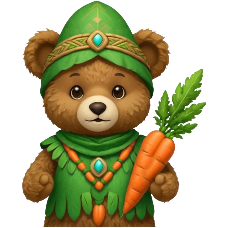 teddy bear, wearing green mayan ancient custome, with carrotm half body emoji