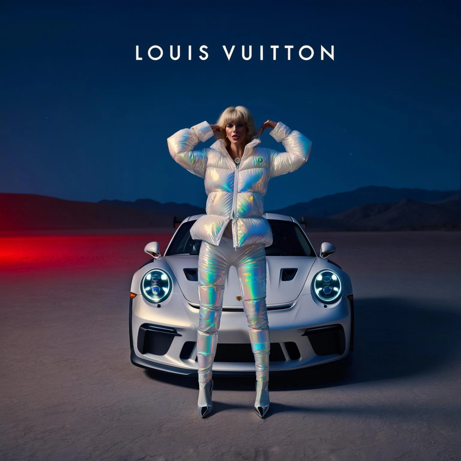 Closeup shot, Top view Photo of a woman dress in abstract holo puffer Louis Vuitton outfit, express body, porsche 911 gt3 rs, soft light, red light in background, woman on desert during night with spot light, blue minimalistic sky in background, studio, layared composition, mountains in background, emoji