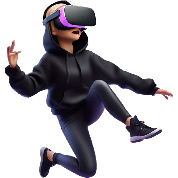 Russian girl wearing black hoody with violet letters "OMG", in vr headset oculus quest2. jumping. Cyberpunk style. Violet neon. emoji