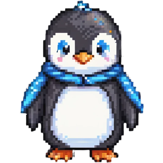 a penguin wearing pajamas, pixel art style, cute and cozy emoji