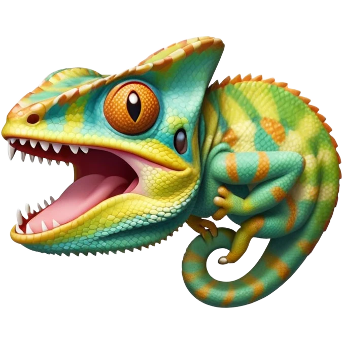 cinematic giant-yawning chameleon-realistic emoji, mouth wide open with tongue out, -blending-with-vibrant-greenery.-detailed-scales-in-shifting-colors,-showing-the-chameleon’s-ability-to-camouflage.-soft-natural-light-highlights-its-texture.-light-background, zoomed into its face emoji
