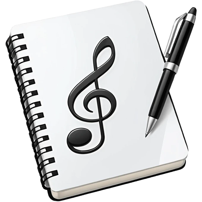 Minimalistic flat vector icon, iOS style, thin black contour on white background. Small notebook with a musical note on the cover, a pen placed next to it. Clean, modern, no text, no shadows. emoji