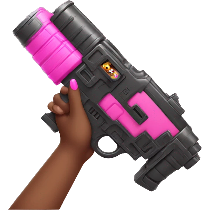 brown hand with pink nails holding large scary dark nerf gun emoji