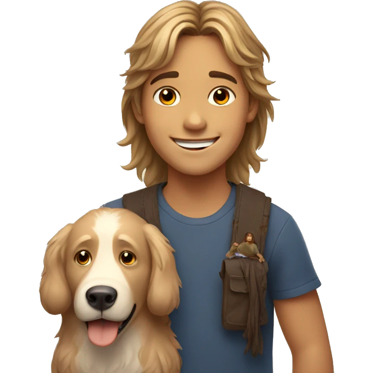 smiling boy with bears and long hair with dog indoors emoji