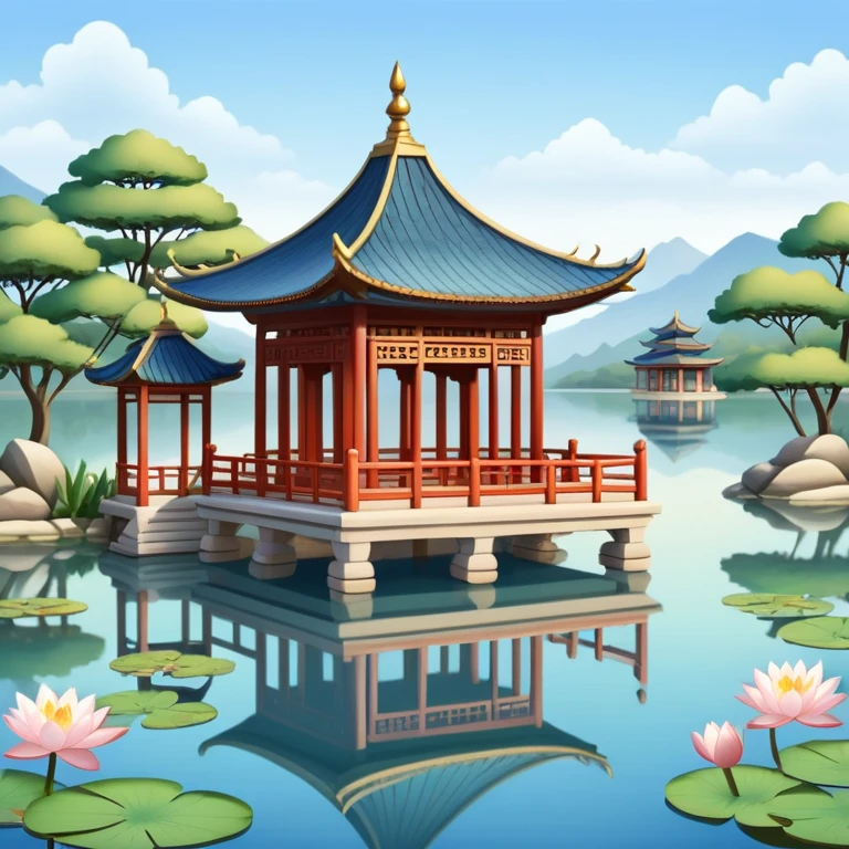 Traditional Chinese pavilion near a peaceful lake emoji