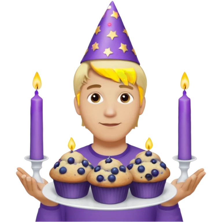 Man with blonde hair wearing purple shirt and a party hat holding several blueberry muffins either candles in them  emoji
