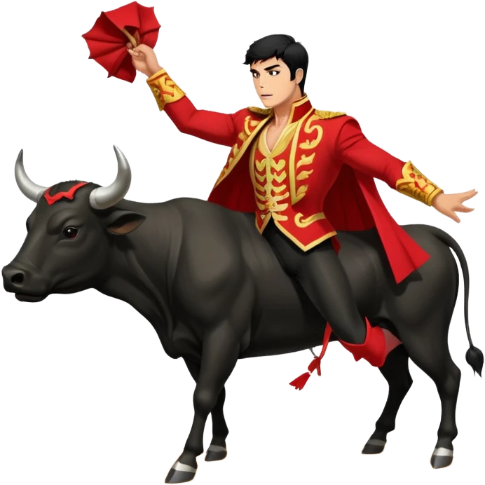 Create a realistic image of a traditional bullfighting scene in a Spanish arena.
Show a bullfighter (matador) HOLDING a red cape (muleta) not wearing one. as a powerful black bull charges toward it. emoji