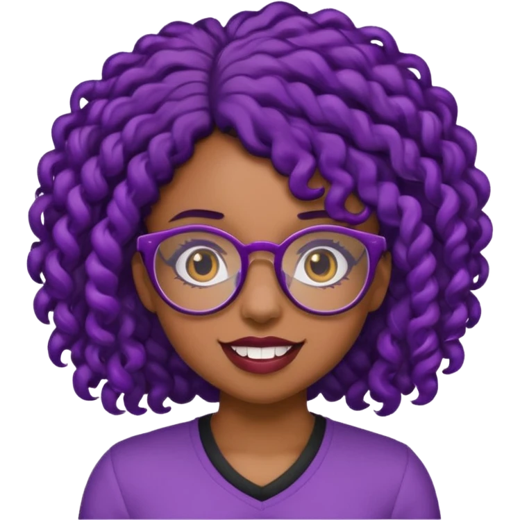 nerd emoji like with glasses showing only her 2 buck teeth but it’s a black girl with purple black curly hair emoji
