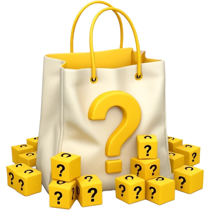 White bag with yellow questions mark boxes stuffed in it emoji