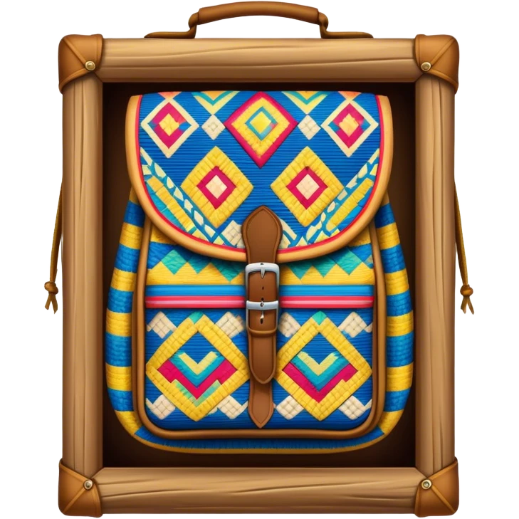 Cinematic Realistic image of a traditional Colombian mochila, rendered with detailed woven textures and vibrant patterns, set against a rustic backdrop with soft, cultural lighting emoji