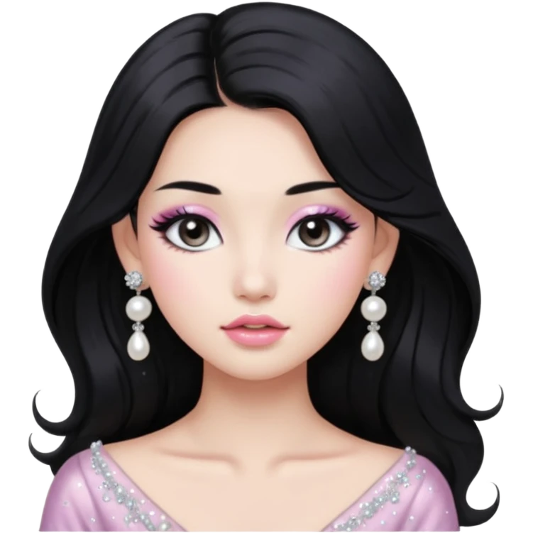 asian long voluminous black hair silver grey eyes glossy lips glittery white and light pink eyeshadow girl pearl earrings emoji