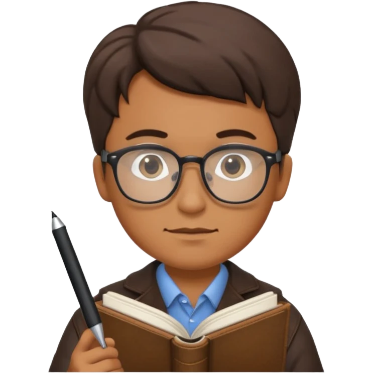 man hold a pen in hand write in book , wearing glasses emoji