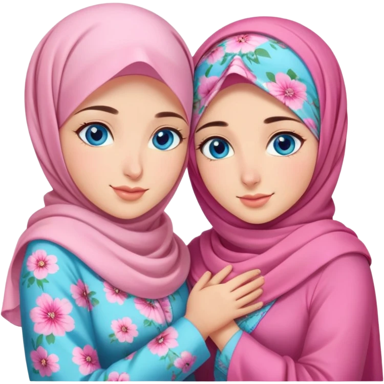 Two best friends Turkish girls beautiful finish Konya blue eyes with pink floral hijab and dress huging  emoji