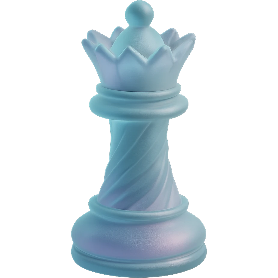 Create a 3D render of a queen chess piece with realistic lighting, elegant and detailed design, inspired by the reference image. The piece should have a polished finish with subtle color accents. Remove the background to isolate the subject. emoji