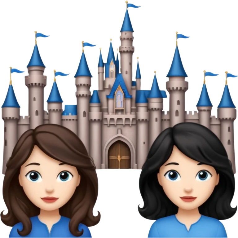 Quiero que crees una imagen donde este el castillo de Disney y por detrás o delante pon a 4 chicas: una con el pelo largo rizado marrón , otra con el pelo muy corto negro, como un chico, otra con el pelo mediano liso marrón con ojos azulesy otra con el pelo negro largo liso . Todos son color carne.  emoji