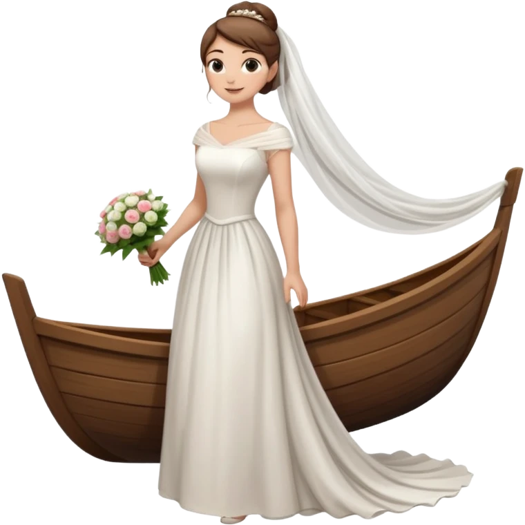 Chica blanca,cuerpo entero, vestido boda cuello barco y , pelo castaño,   1 ramo de flores , pelo recogido en moño alto con velo largocola por la parte de atrás del vestido emoji