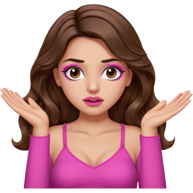 girl with long wavy brown hair, brown eyes, long lashes makeup, sexy pink lips, light to medium complexion, pink sexy top, two hands up, shrugging, confused emoji