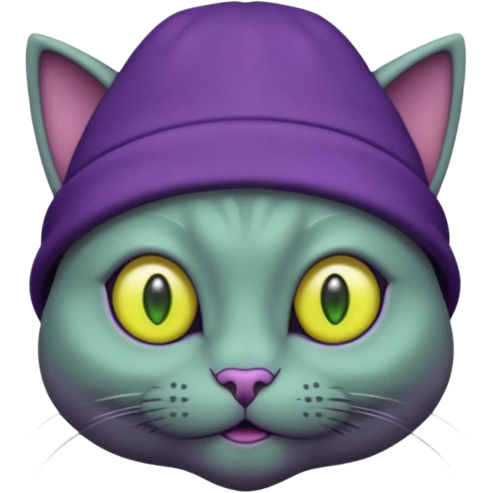 dark purple alien cat with no fur and yellow hat and big green eyes emoji