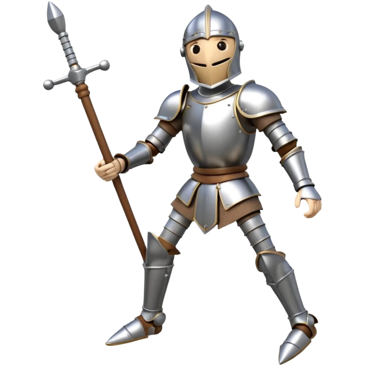 3D render of Knight Puppet as a wooden marionette puppet, Painted silver wood armor, strings, silver metal screw joints at elbows and knees, polished brown wood texture, rigid toy pose, emoji style, isolated on white background --v 6.0. emoji