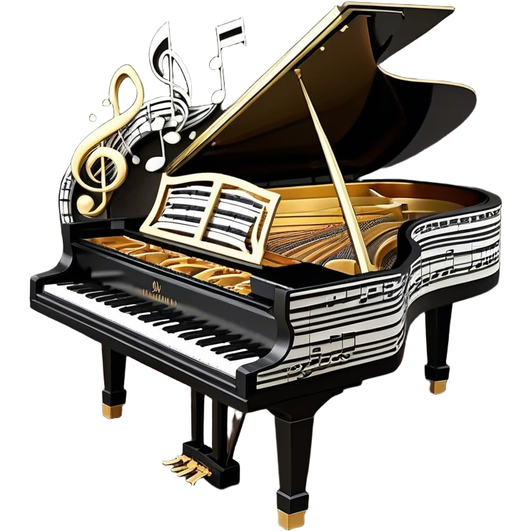 Create a sophisticated and celebratory emoji collage representing keyboard instruments, designed in the style of a coat of arms or crest. The design should feature a central, ornate grand piano with black and white keys, surrounded by a ribbon of musical notes. The ribbon should intertwine with a second ribbon made of black-and-white piano keys, creating a flowing, symmetrical pattern. Include delicate, elegant details such as the pedals of the grand piano, intricate woodwork, and the glossy, polished surface of the instrument. The musical notes should be swirling around the design in a harmonious, festive arrangement. Use gold, silver, and rich wood tones to evoke a sense of luxury and professionalism, with the black-and-white keys of the piano adding contrast. The background should remain transparent. emoji