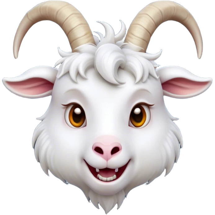 Cinematic Comical White Goat Portrait Emoji, Head tilted dramatically with an exaggeratedly amused expression, featuring a sleek white fur with a prominently quirky set of curved horns, wide, expressive eyes filled with playful disbelief, Simplified yet hilariously expressive features, highly detailed, glowing with a slightly sassy glow, high shine, dramatic yet playful, stylized with an air of cheeky mischief, bright and endearing, soft glowing outline, capturing the essence of a spirited and over-the-top goat, so meme-worthy it feels like it could side-eye its way into internet fame instantly! emoji