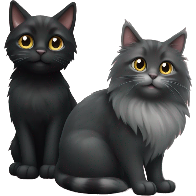 a black little black cat with a nub tail and a grey maincoon sitting together happy emoji