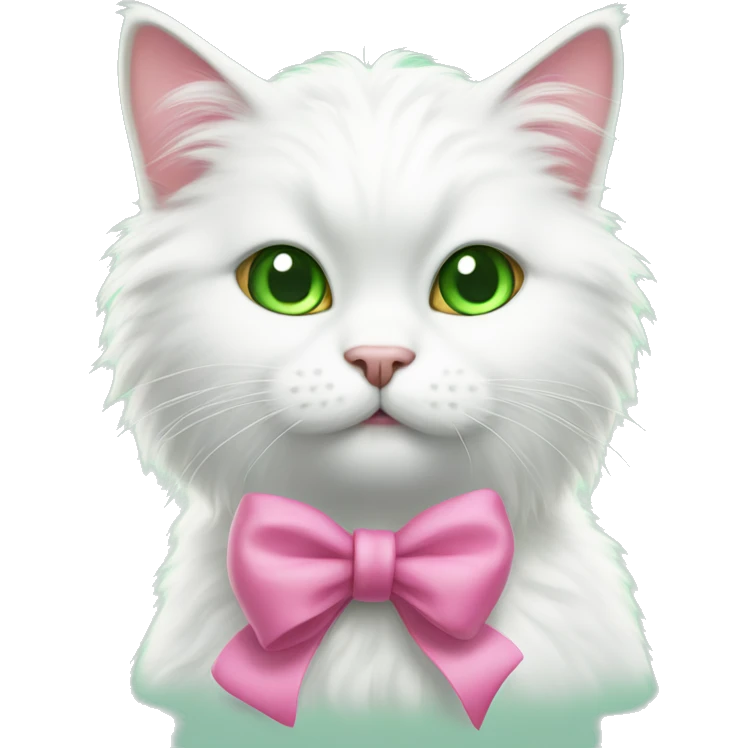 a white fluffy cat, with green eyes and a pink bow on its head, licks its paws emoji