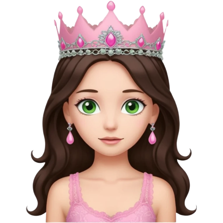 super long haired brunette with middle part cute pink lacy tank with a pink tiara on head, white but with a little bit of tan green eyes  emoji