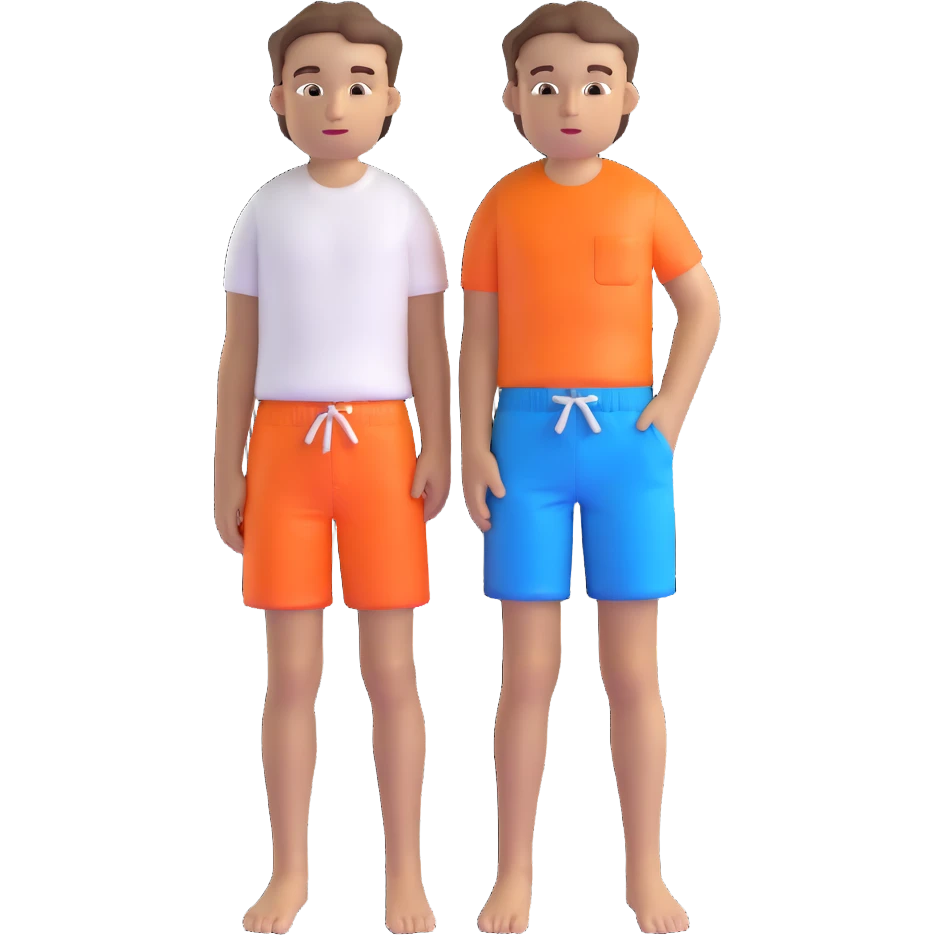 boy with brown hair, white shirt, blue swim shorts emoji