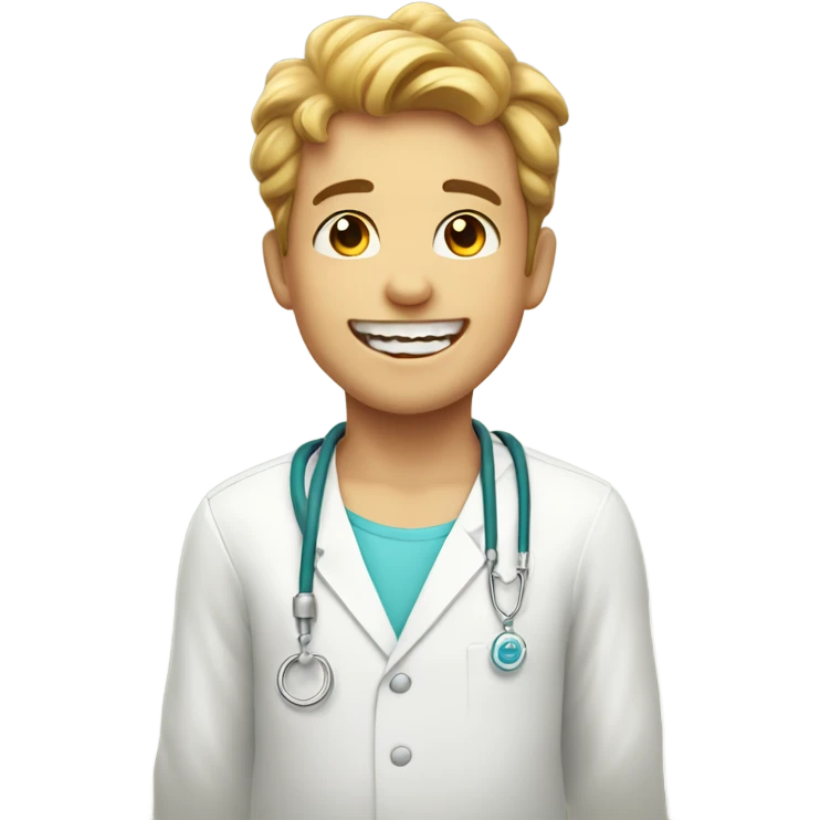 smiling boy indoors with necklace like a dentist, with mu face emoji
