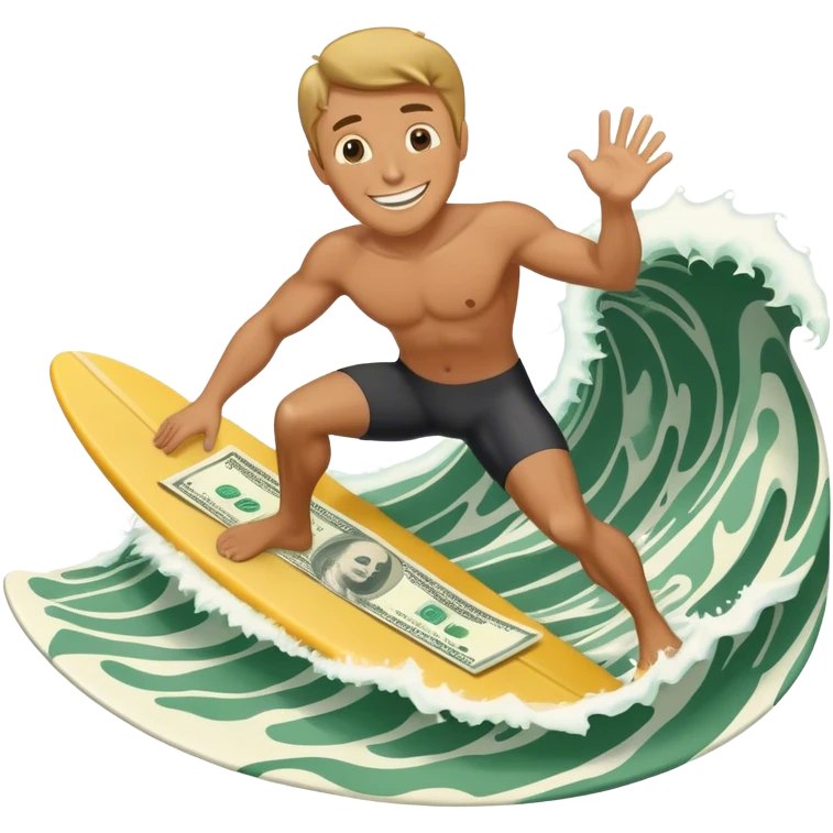 Rich guy surfing on wave of dollars emoji