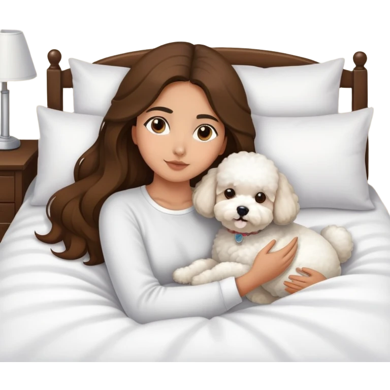 Olive skin girl with long brown hair in bed with 3 white bichon frise's emoji