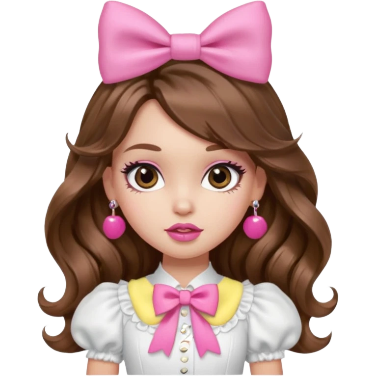 generate a pretty bratz girl in a white puff sleeve top. Pink lipgloss. Brown wavy hair long. Bow pink earrings emoji