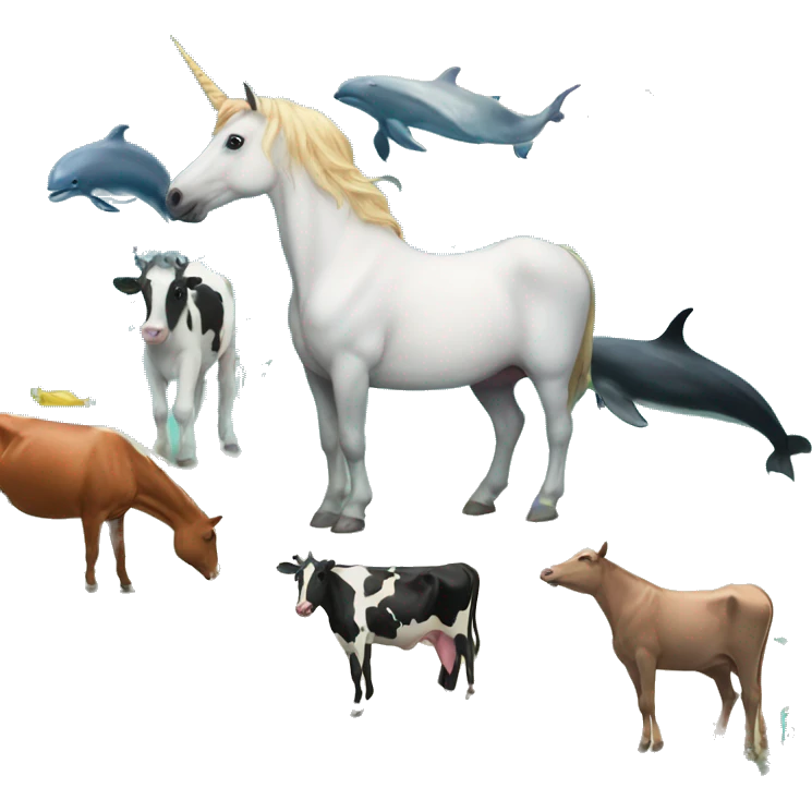 Unicorn and dolphins and cows in the ocean emoji