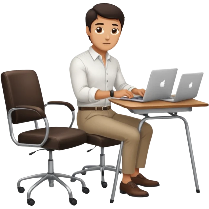 Rich man working on a chair at office in shirt, dark hair, and near the desk with laptop he is german very beautiful looks like, full body view emoji