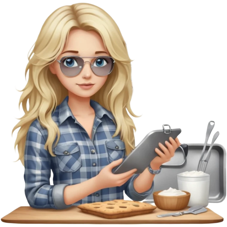 girl with long blond messy hair wearing grey plaid shirt with blue eyes and aviator sunglasses wearing a ring on her silver necklace, holding baking supplies emoji