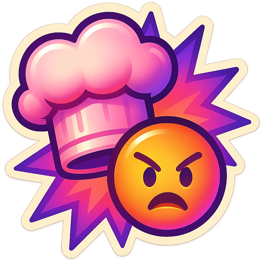 chef's hat with urgency emoji, color explosion, playful and modern with gradient FF4D67, 9D34FF gradient, vibrant emoji