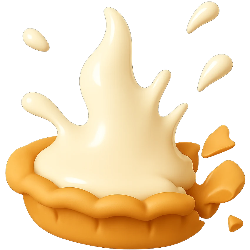 Show the cream pie with a small cream splash, crust still mostly intact, playful 3D emoji style, golden brown crust, same angle as reference. (Stage 3 of 6) emoji