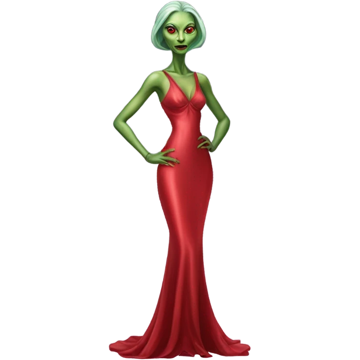 reptilian green alien woman, in long slim pastel red formal party satin dress with gradient shiny sparkling dark red, full figure, full body emoji