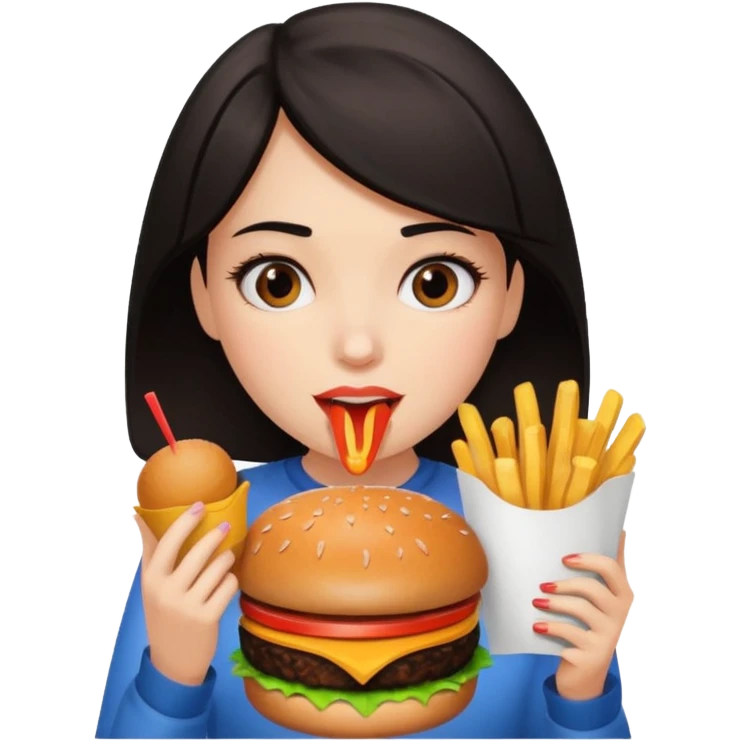 Dark haired girl eating lots of unhealthy food  emoji