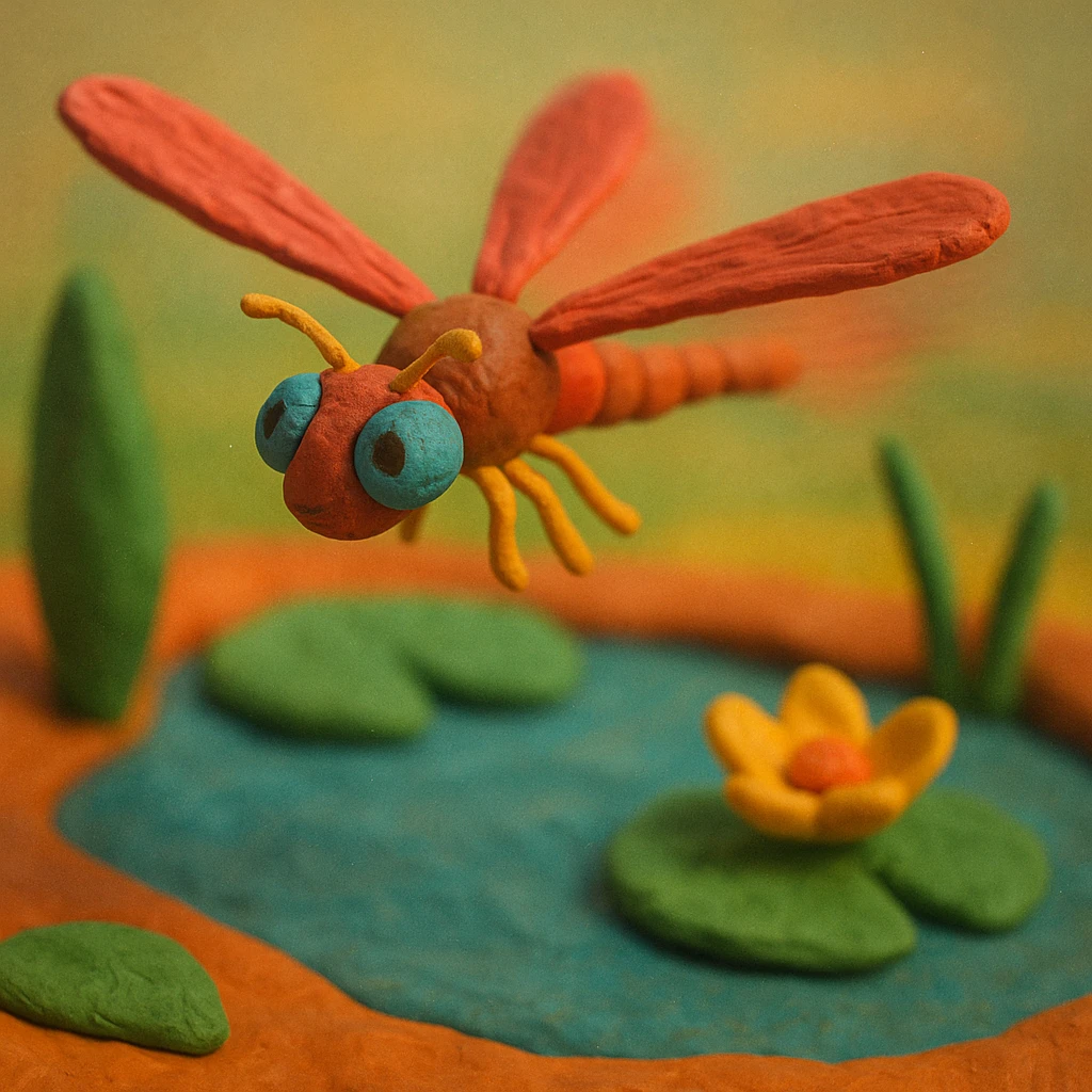 claymation style dragonfly flying with a blurred motion effect, colorful pond background emoji